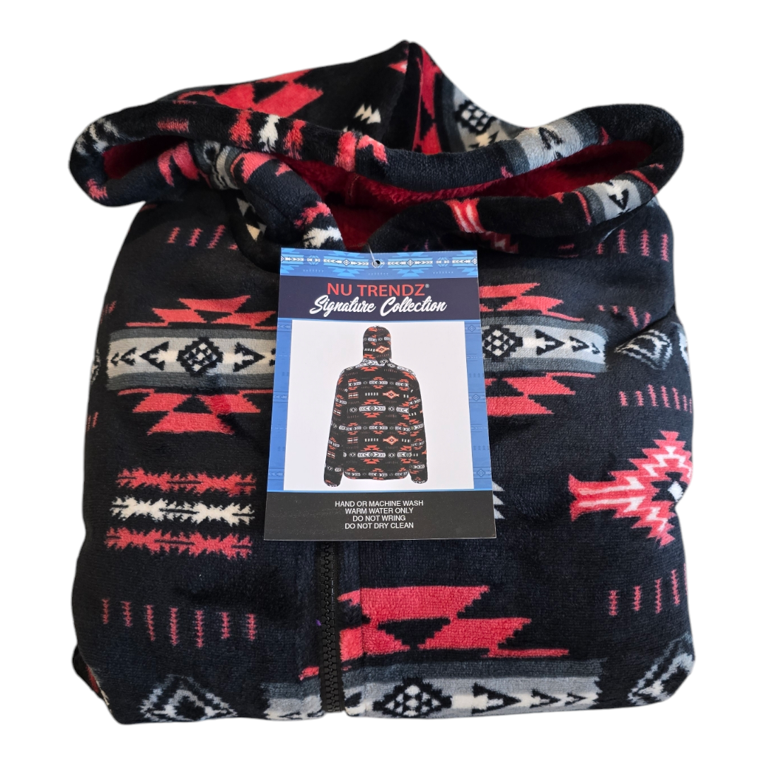 Silk Touch Zipped Sherpa Unisex Adult Hoodie with Navajo/Aztec design