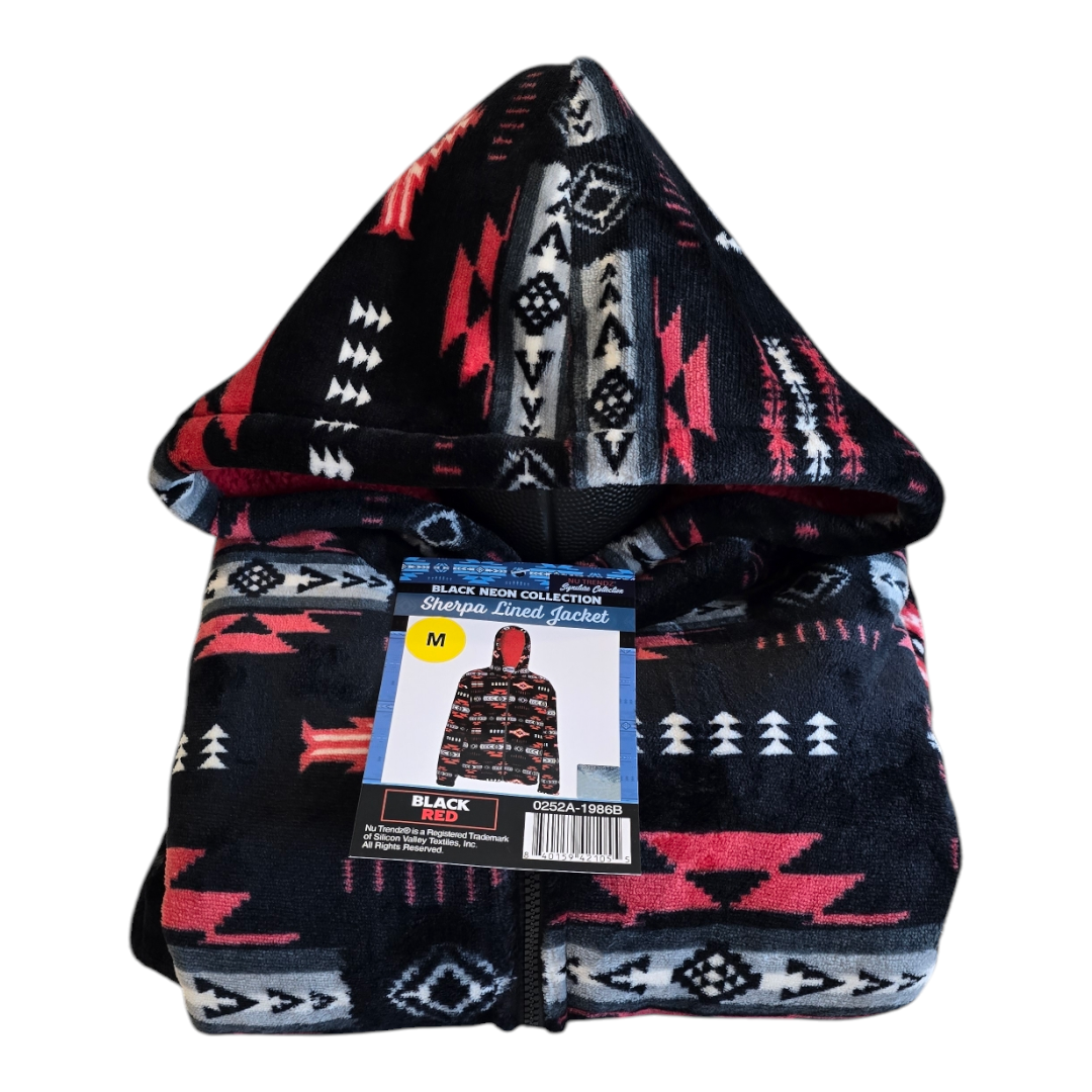 Silk Touch Zipped Sherpa Unisex Adult Hoodie with Navajo/Aztec design