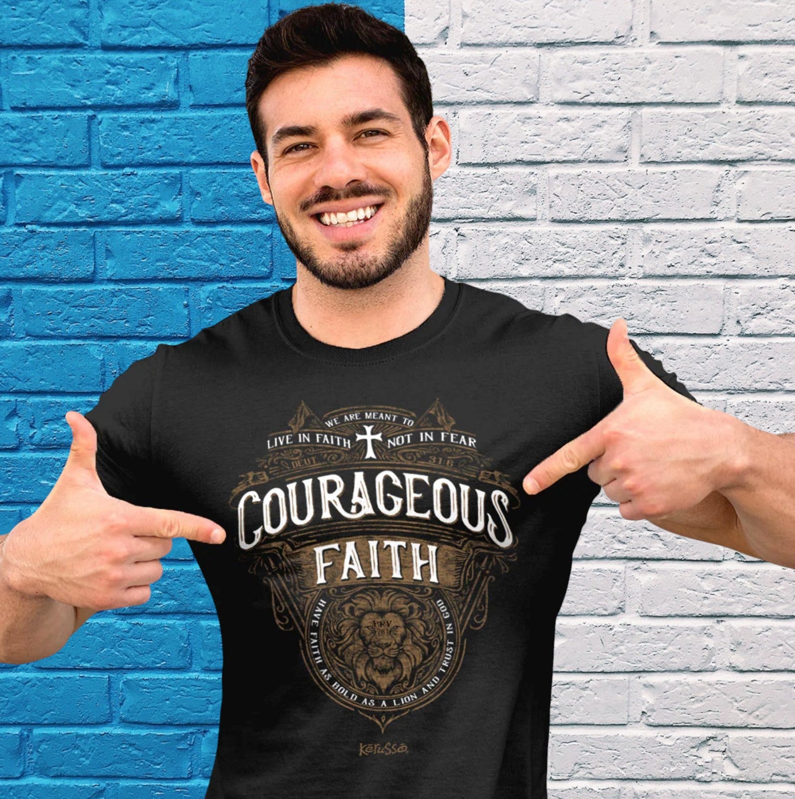 Kerusso® Courageous Faith Proverbs 28:1 & Deuteronomy 31:6 Christian T-Shirt – Black Unisex Faith-Based Graphic Tee