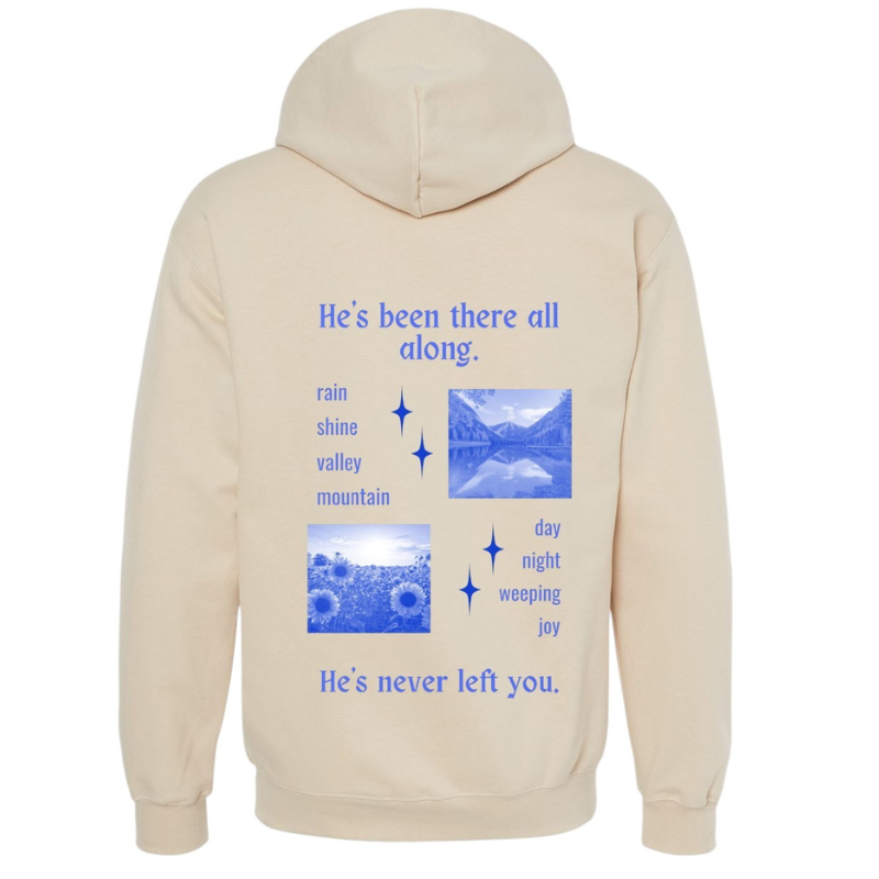 Gildan® He’s Never Left You Christian Hoodie | Faith-Inspired Unisex Sand Hoodie