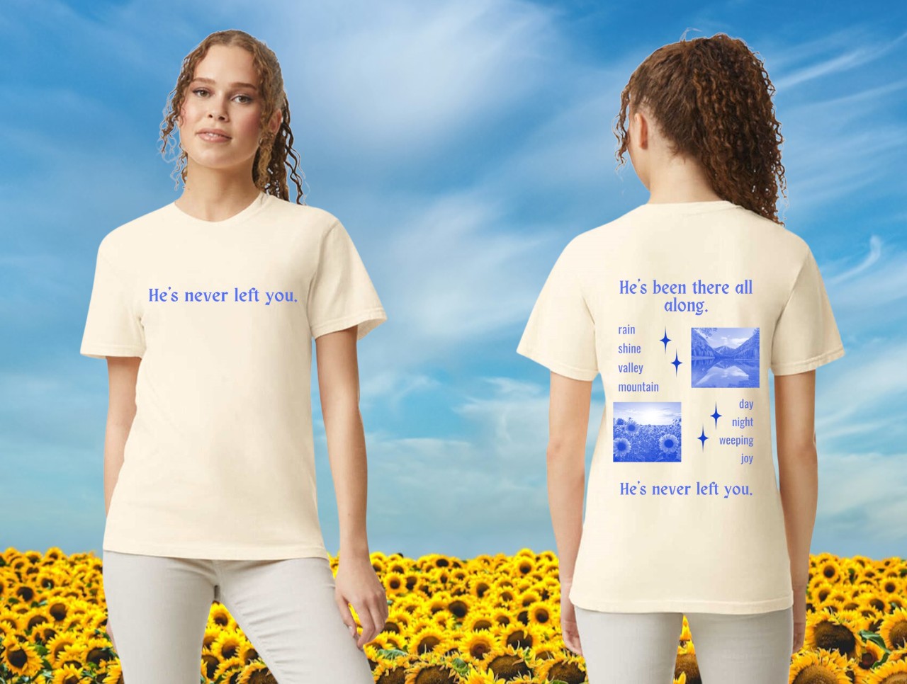 Comfort Colors® He’s Never Left You Christian T-Shirt – Faith-Inspired Unisex Sand Short Sleeve Tee