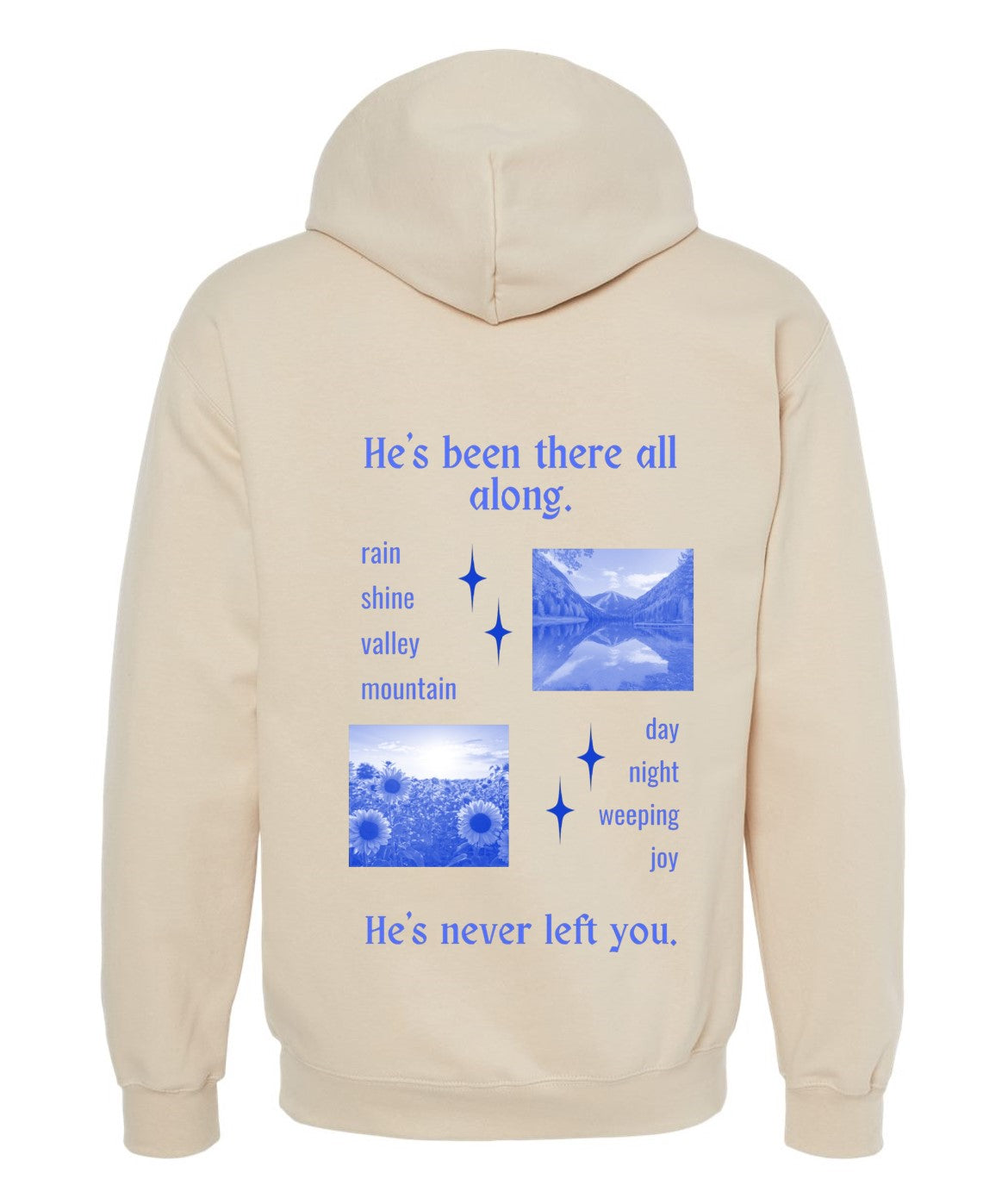 Gildan® He’s Never Left You Christian Hoodie | Faith-Inspired Unisex Sand Hoodie