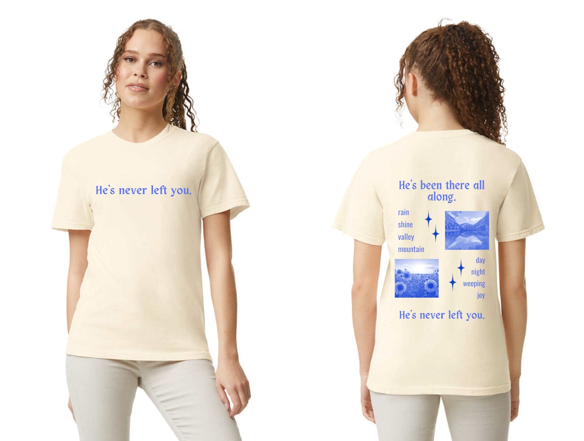 Comfort Colors® He’s Never Left You Christian T-Shirt – Faith-Inspired Unisex Sand Short Sleeve Tee