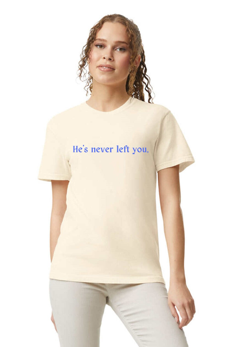 Comfort Colors® He’s Never Left You Christian T-Shirt – Faith-Inspired Unisex Sand Short Sleeve Tee