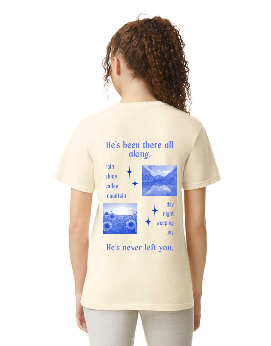 Comfort Colors® He’s Never Left You Christian T-Shirt – Faith-Inspired Unisex Sand Short Sleeve Tee