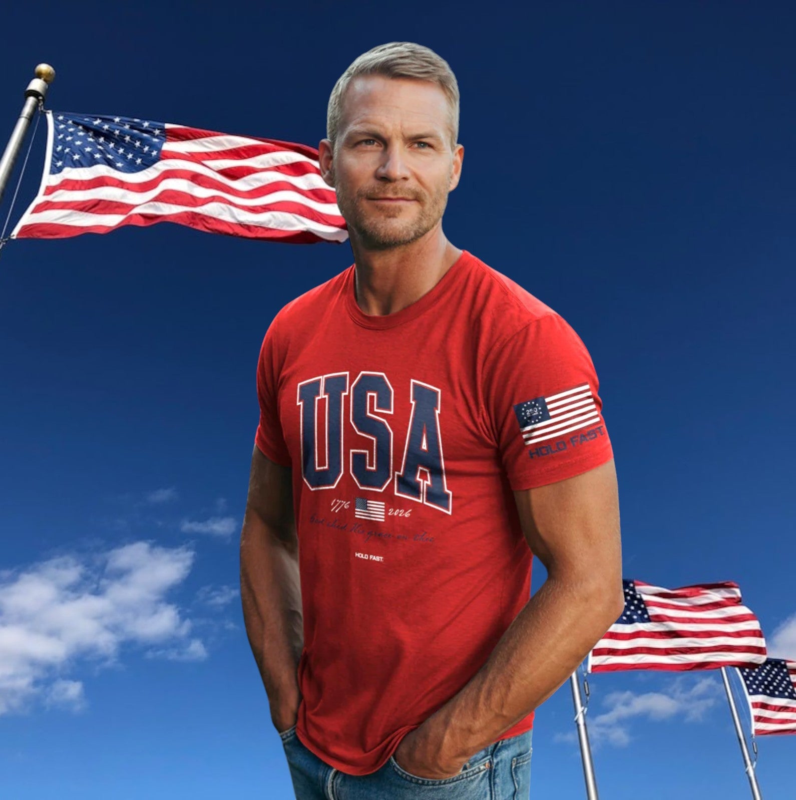 Hold Fast® USA Strong Red™ Christian Patriotic T-Shirt