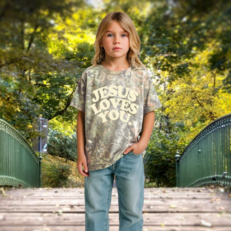 Youth Heavyweight Oversized Christian T-Shirt | Camo – Limited Edition Unisex | Jesus Loves You