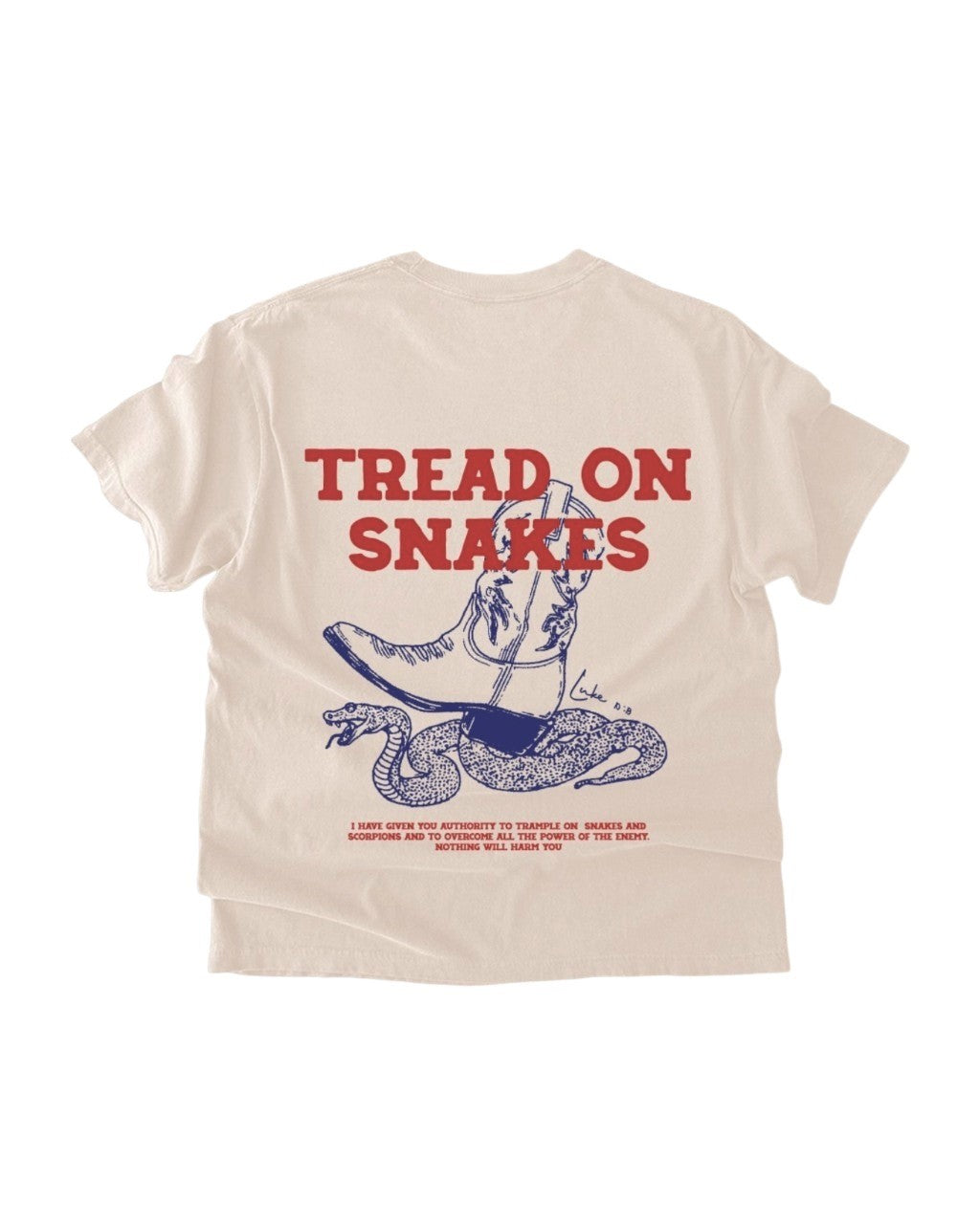 Jesus Loves You “Tread On Snakes” Christian T-Shirt | Luke 10:19 Faith Tee – Ivory