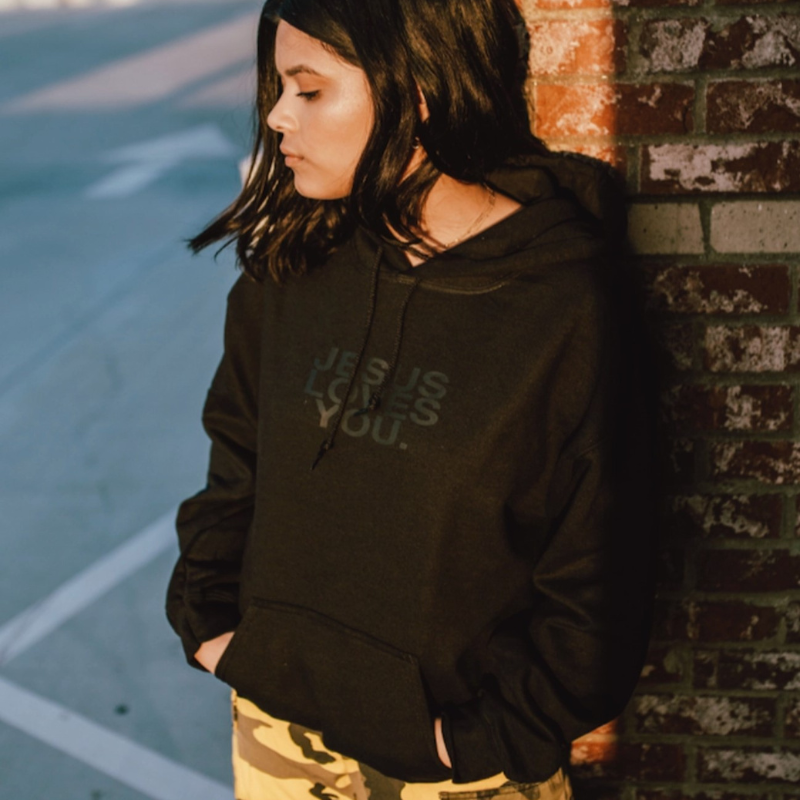 Jesus Loves You™ Black On Black 3D Puff Logo Christian Hoodie | Unisex Black