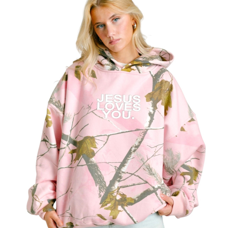 Jesus Loves You™ Blush Woodland Camo Cropped Hoodie – Christian Women’s Limited Edition