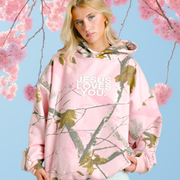 Jesus Loves You™ Blush Woodland Camo Cropped Hoodie – Christian Women’s Limited Edition