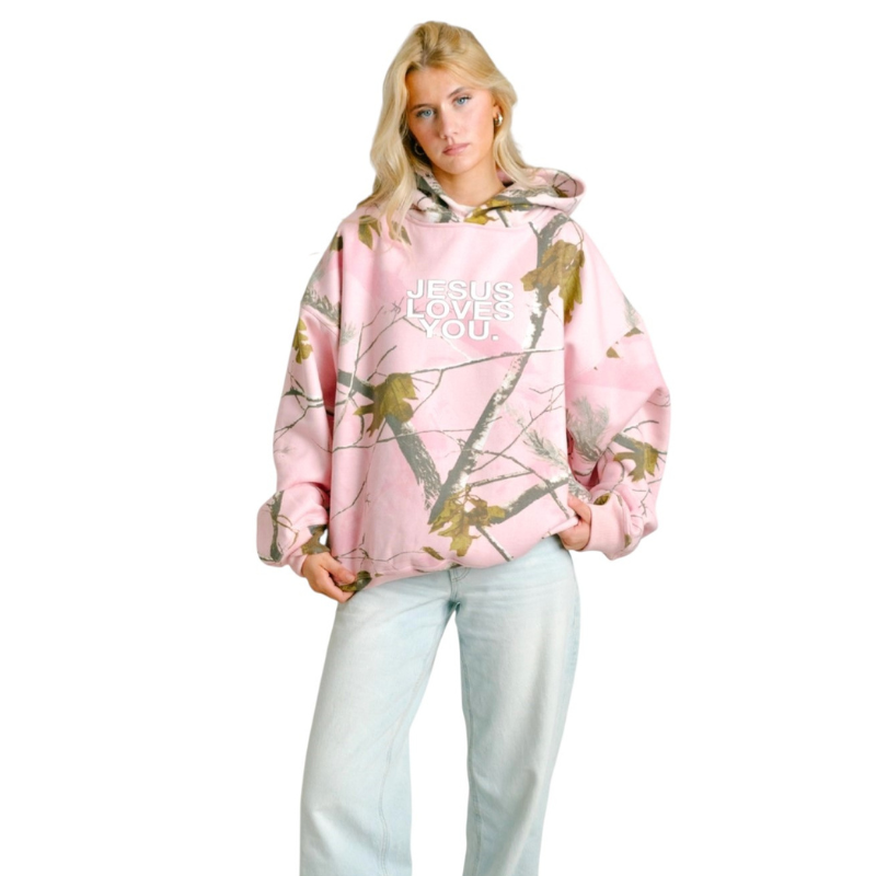 Jesus Loves You™ Blush Woodland Camo Cropped Hoodie – Christian Women’s Limited Edition