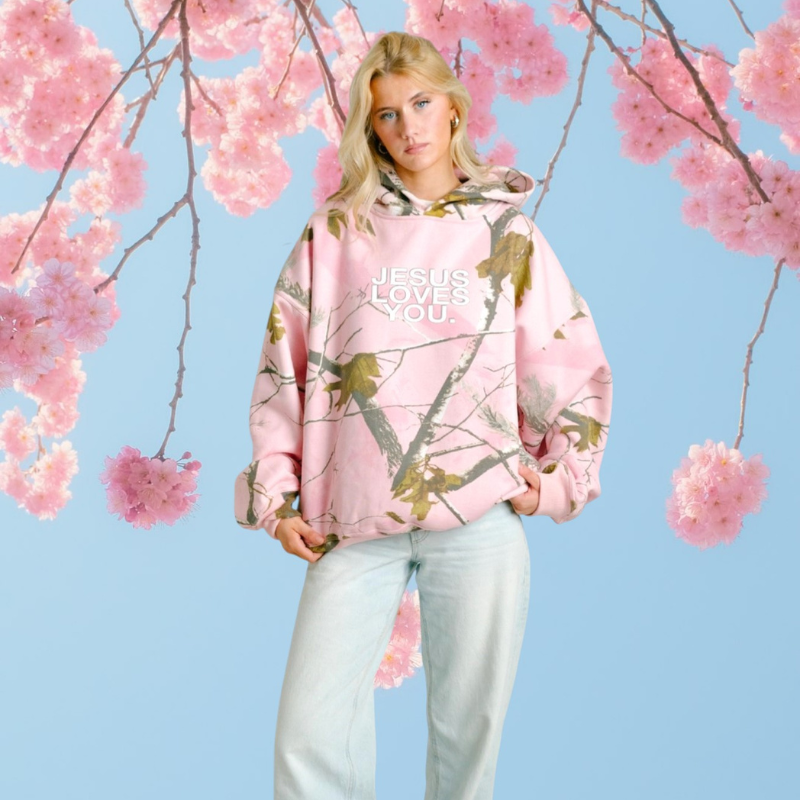 Jesus Loves You™ Blush Woodland Camo Cropped Hoodie – Christian Women’s Limited Edition