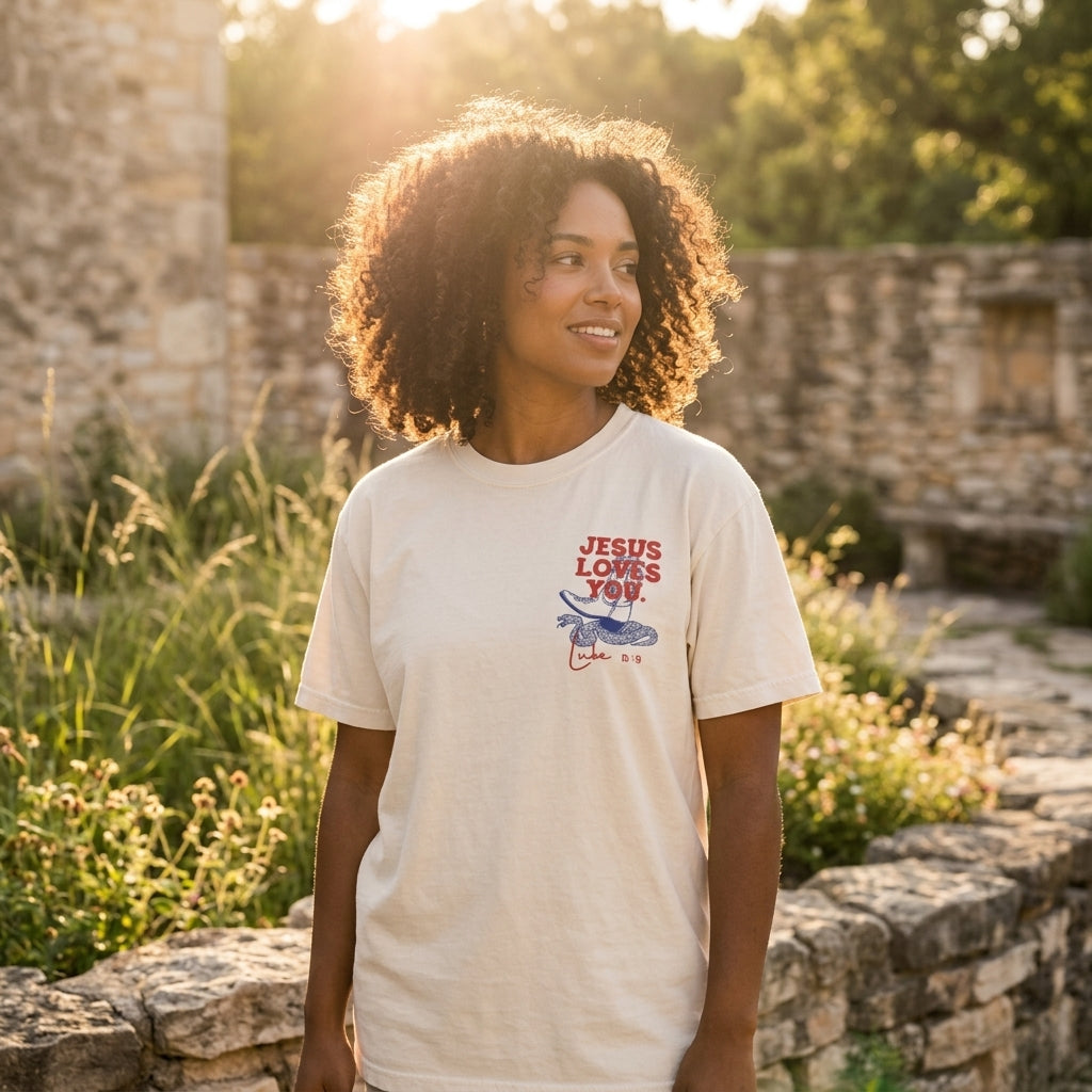 Jesus Loves You “Tread On Snakes” Christian T-Shirt | Luke 10:19 Faith Tee – Ivory