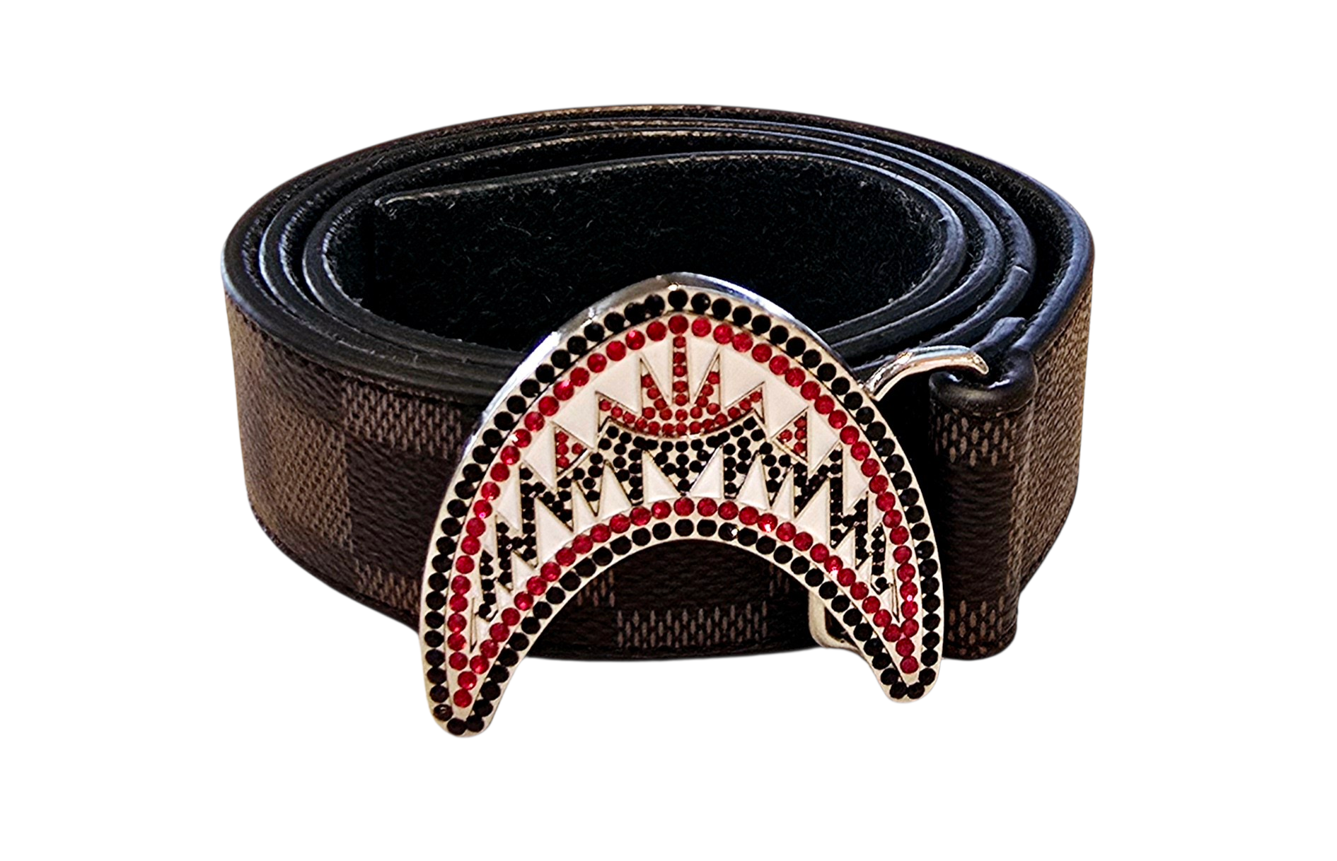 Vegan Leather Unisex Western Belt – Tan & Brown Square Design with Decorative Rhinestone Buckle & Decorative Metal Matching Medallions