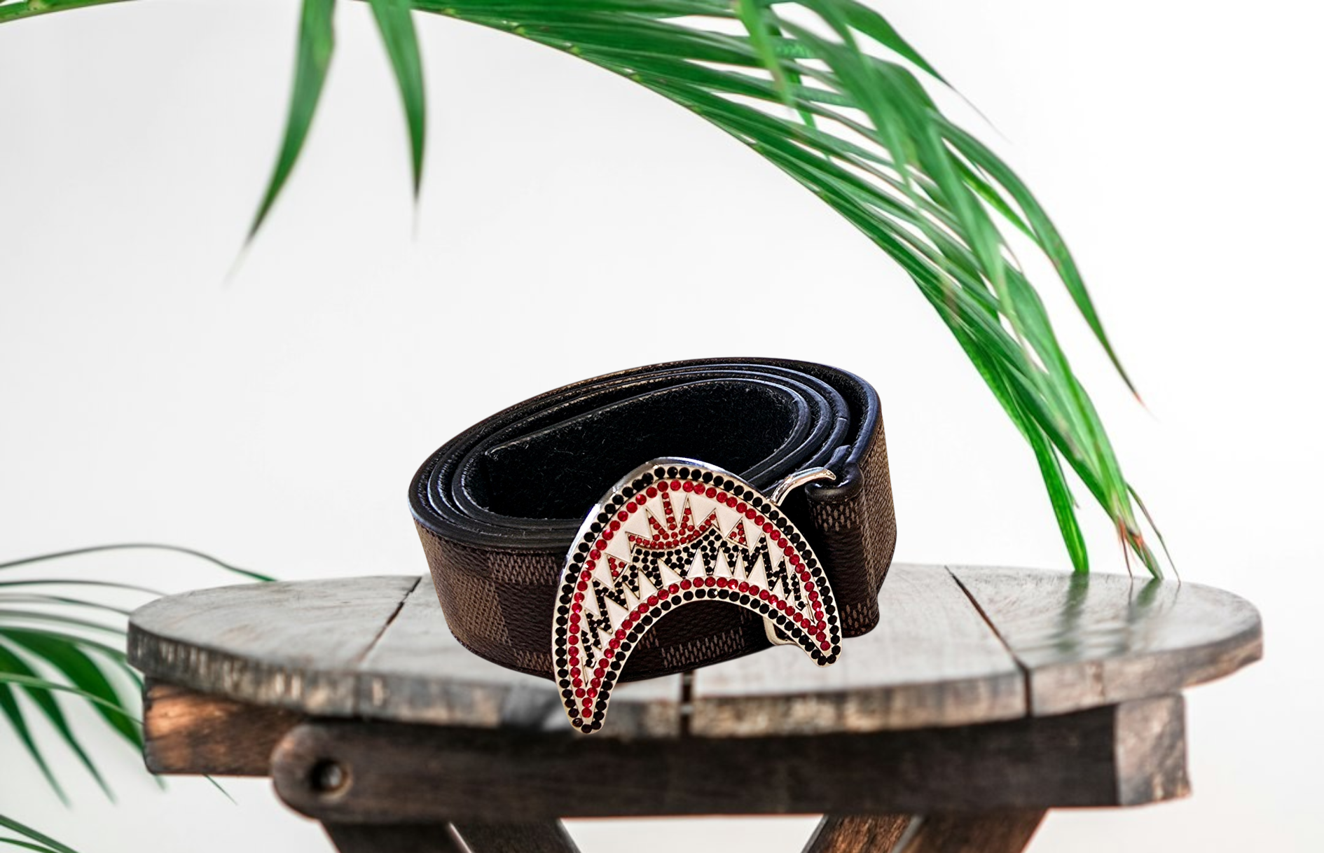 Vegan Leather Unisex Western Belt – Tan & Brown Square Design with Decorative Rhinestone Buckle & Decorative Metal Matching Medallions