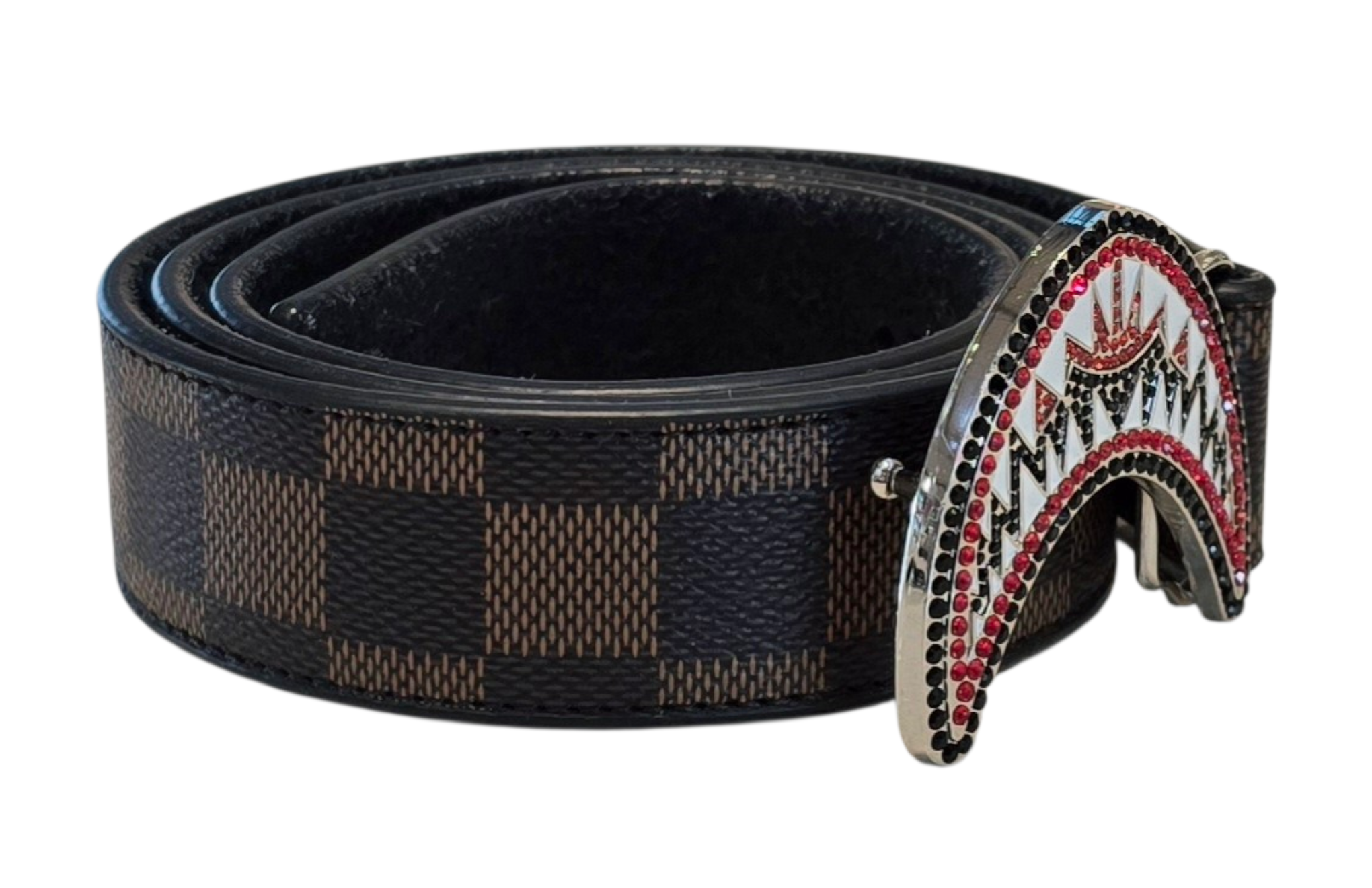 Vegan Leather Unisex Western Belt – Tan & Brown Square Design with Decorative Rhinestone Buckle & Decorative Metal Matching Medallions