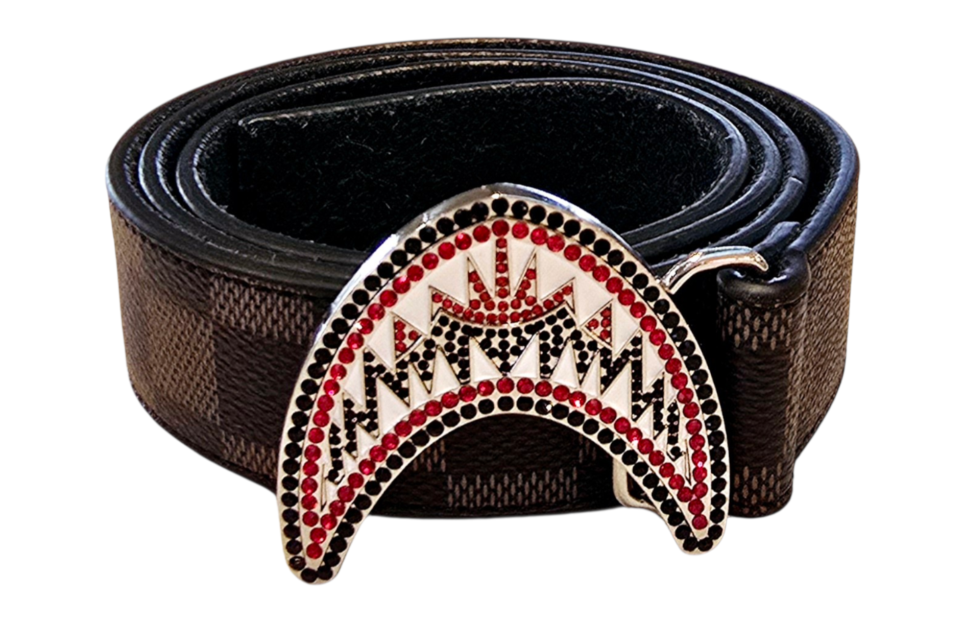 Vegan Leather Unisex Western Belt – Tan & Brown Square Design with Decorative Rhinestone Buckle & Decorative Metal Matching Medallions