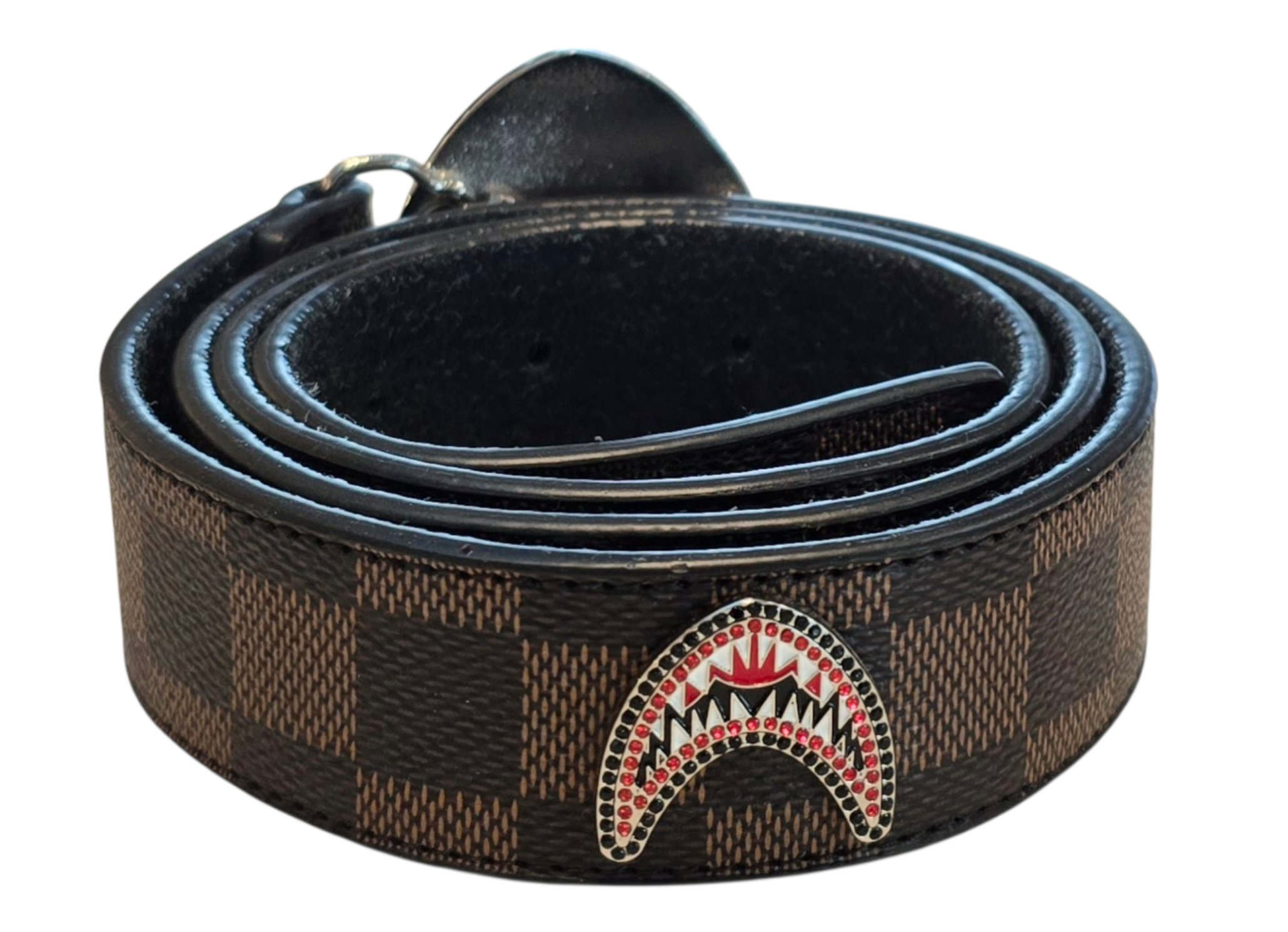 Vegan Leather Unisex Western Belt – Tan & Brown Square Design with Decorative Rhinestone Buckle & Decorative Metal Matching Medallions
