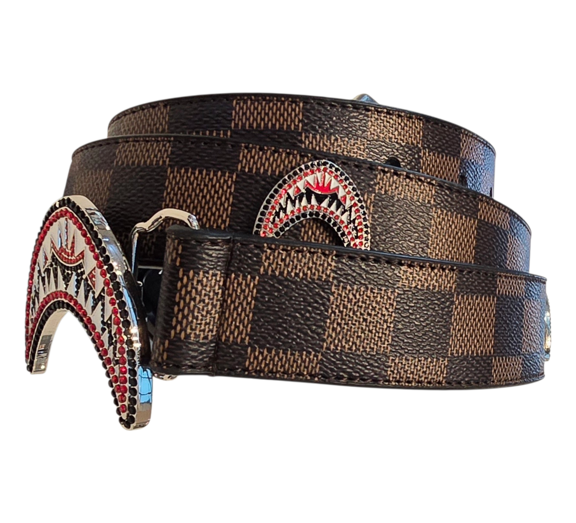 Vegan Leather Unisex Western Belt – Tan & Brown Square Design with Decorative Rhinestone Buckle & Decorative Metal Matching Medallions