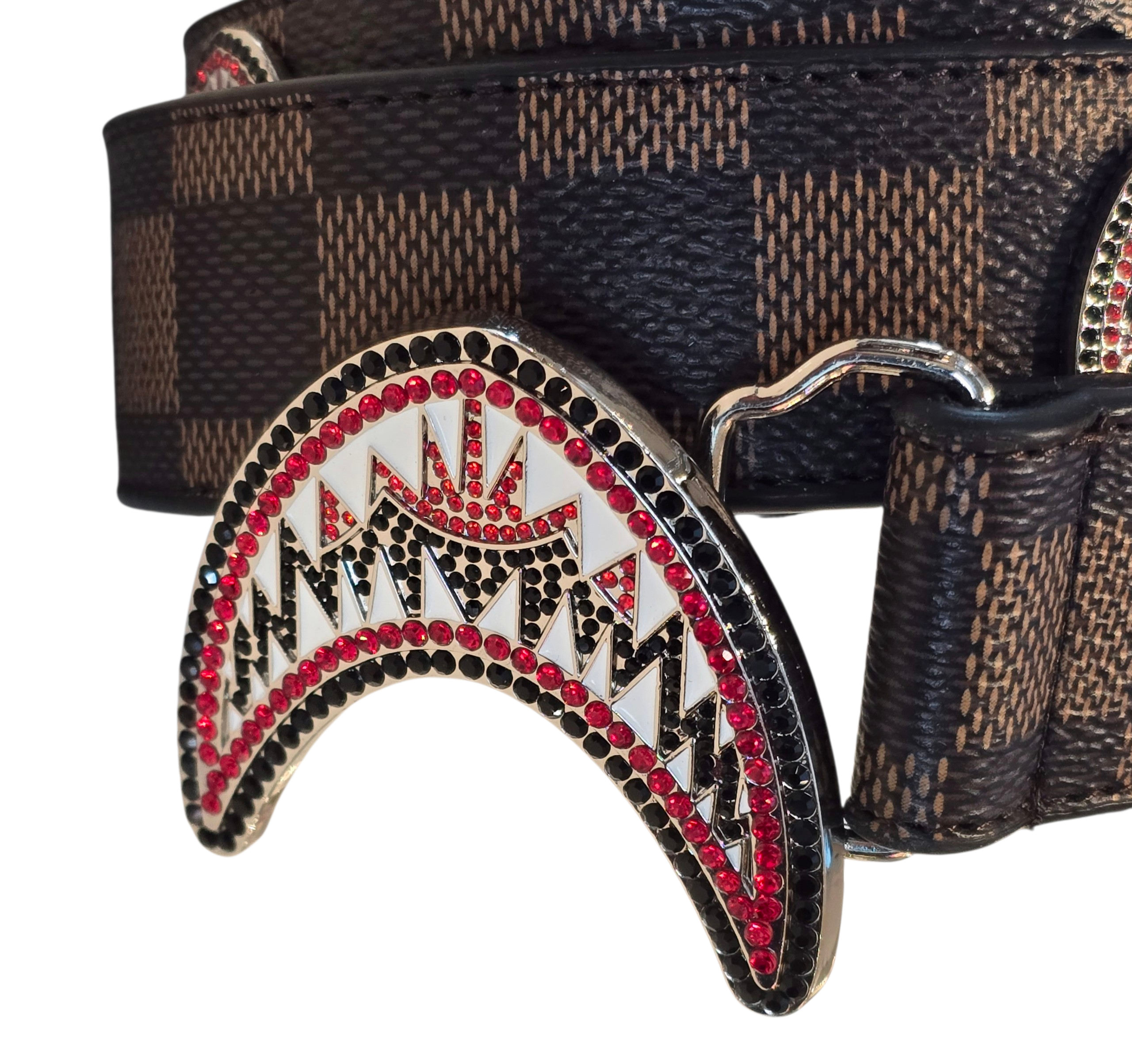 Vegan Leather Unisex Western Belt – Tan & Brown Square Design with Decorative Rhinestone Buckle & Decorative Metal Matching Medallions