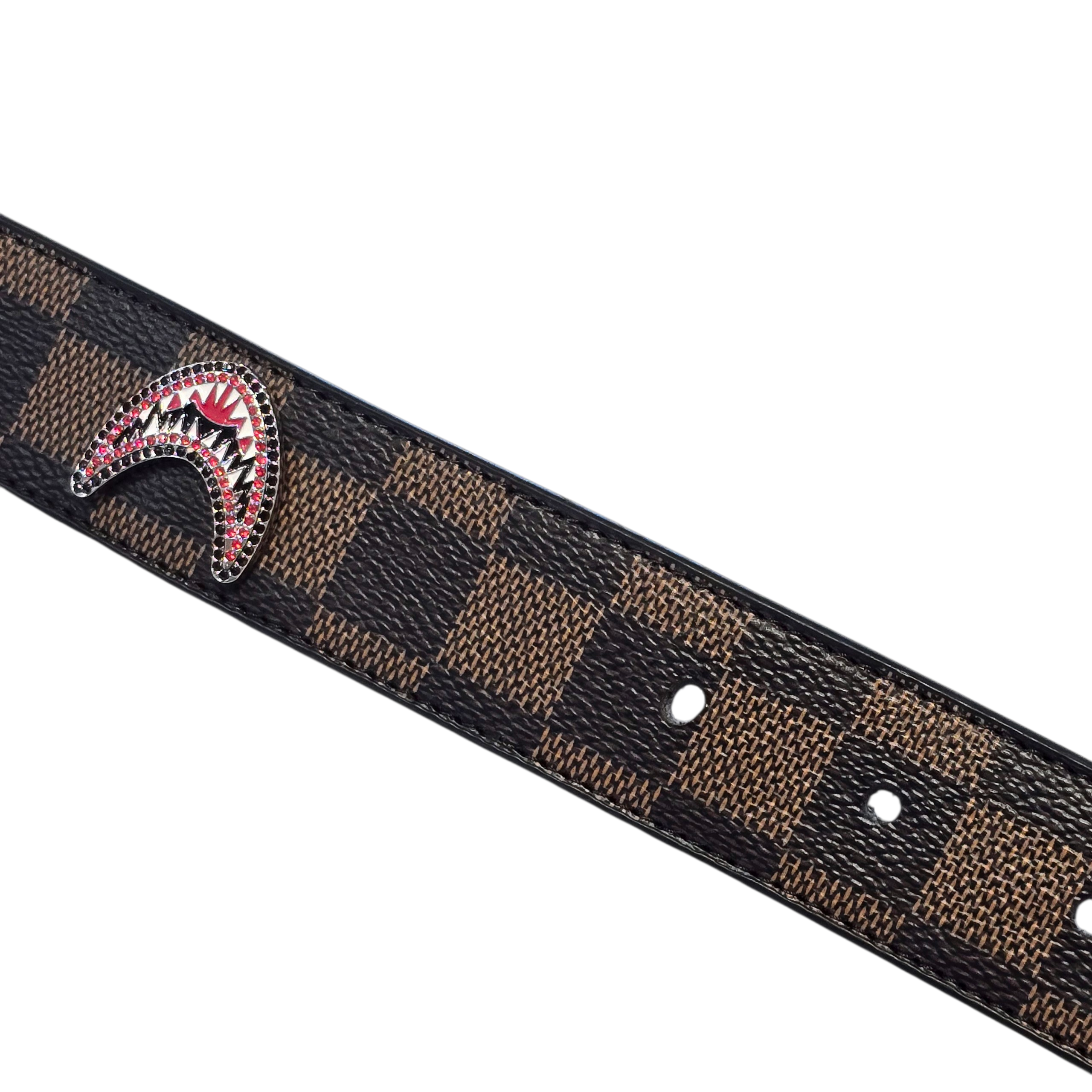 Vegan Leather Unisex Western Belt – Tan & Brown Square Design with Decorative Rhinestone Buckle & Decorative Metal Matching Medallions