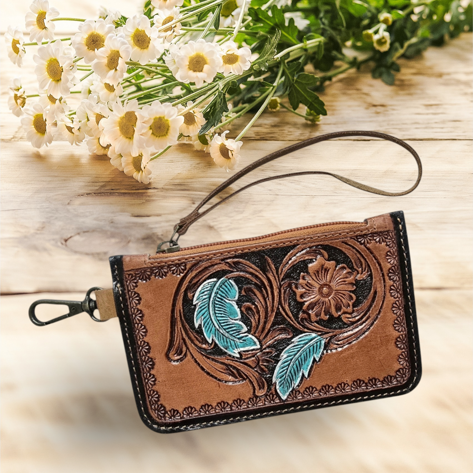 Women's and Girl's Leather Hand-Tooled Coin Wristlet Purse w/Flower Design and Turquoise Leaves