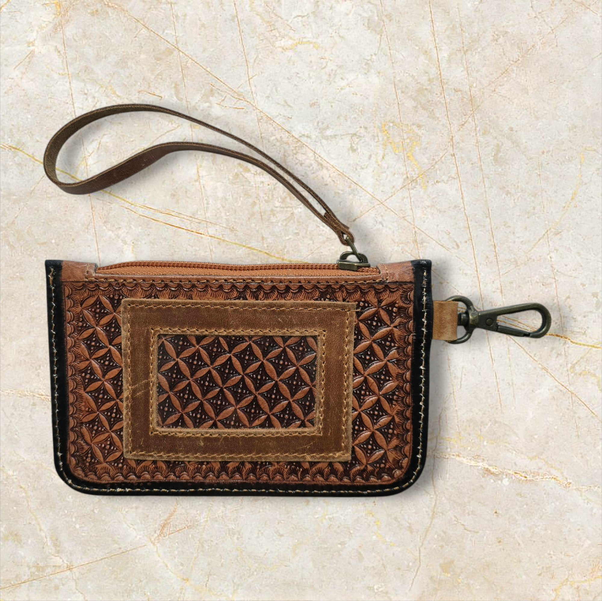 Women's and Girl's Leather Hand-Tooled Coin Wristlet Purse w/Flower Design and Turquoise Leaves