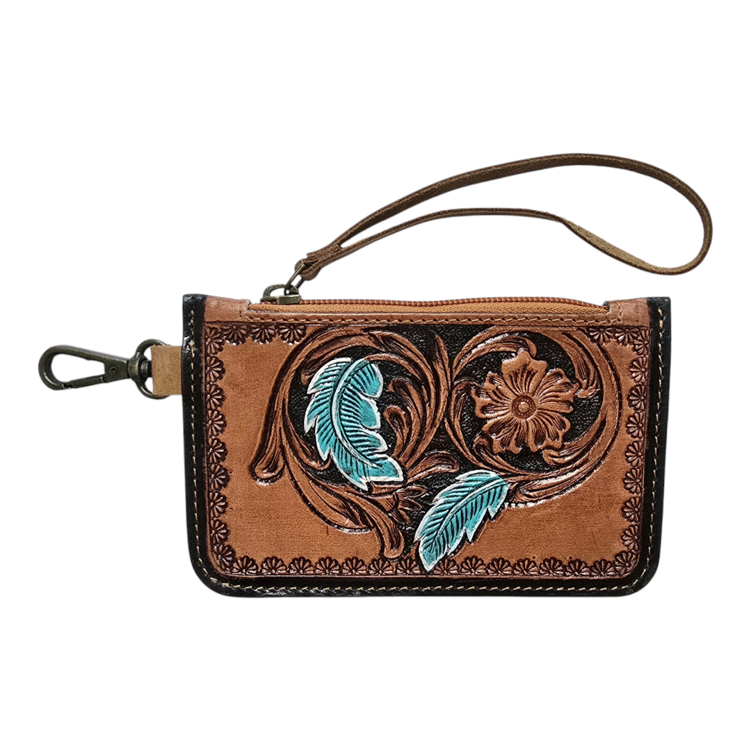 Women's and Girl's Leather Hand-Tooled Coin Wristlet Purse w/Flower Design and Turquoise Leaves