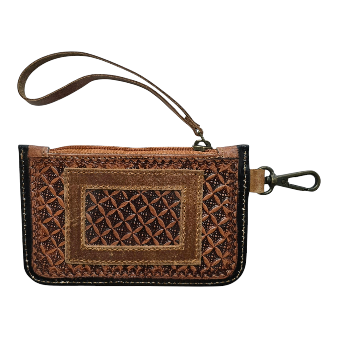 Women's and Girl's Leather Hand-Tooled Coin Wristlet Purse w/Flower Design and Turquoise Leaves