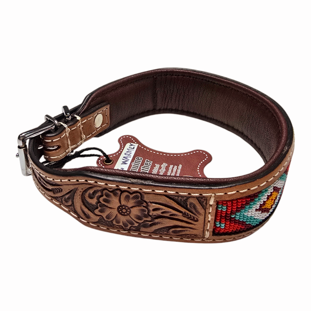 Handmade Hand-Tooled with Bead Design Leather Dog Collar - 24.0" L x 1.5" W