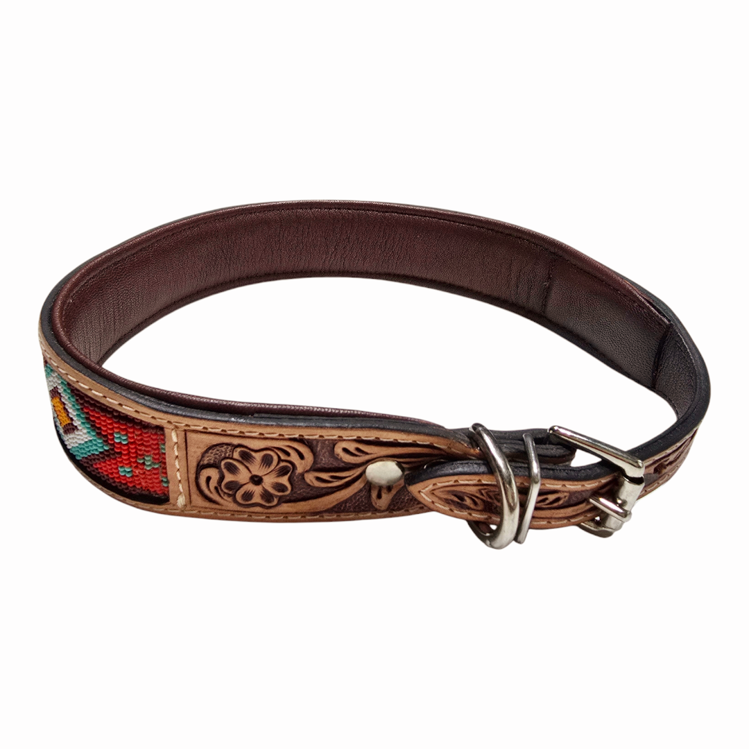 Handmade Hand-Tooled with Bead Design Leather Dog Collar - 24.0" L x 1.5" W