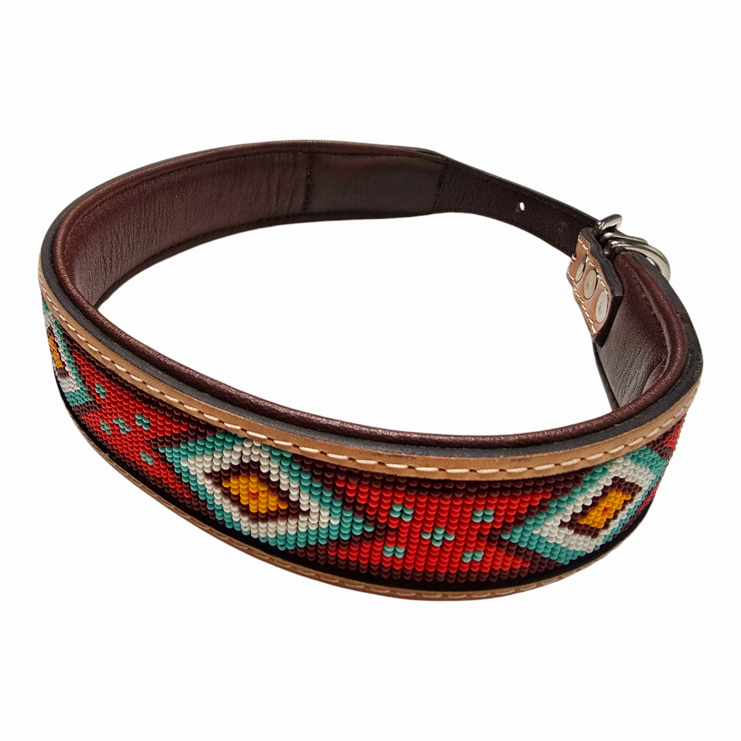 Handmade Hand-Tooled with Bead Design Leather Dog Collar - 24.0" L x 1.5" W