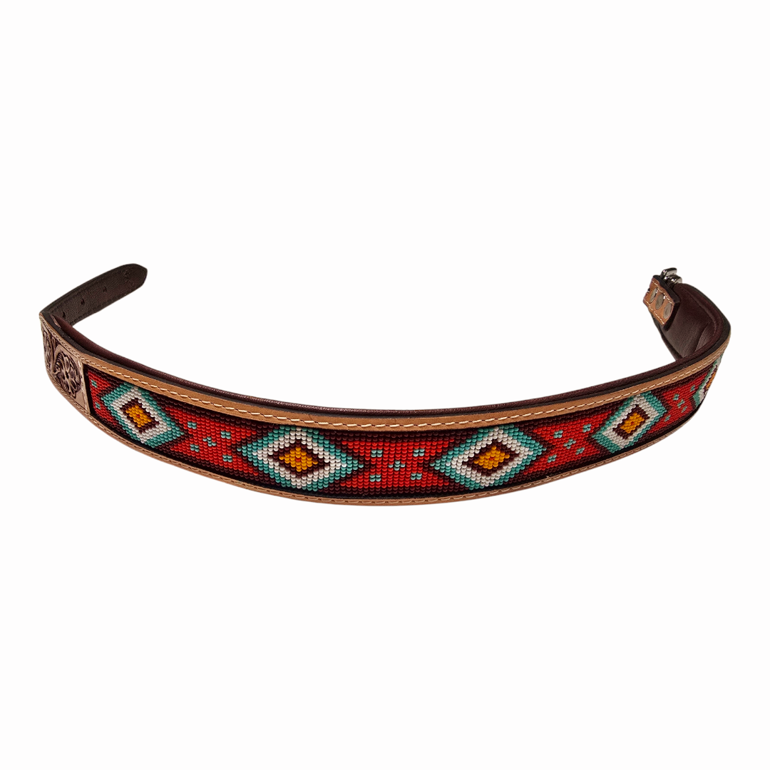 Handmade Hand-Tooled with Bead Design Leather Dog Collar - 24.0" L x 1.5" W