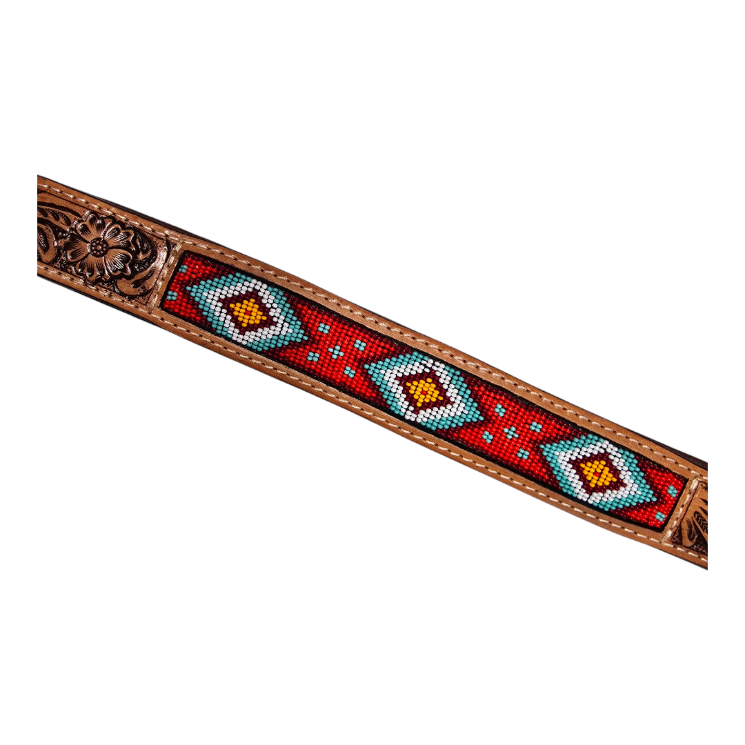 Handmade Hand-Tooled with Bead Design Leather Dog Collar - 24.0" L x 1.5" W