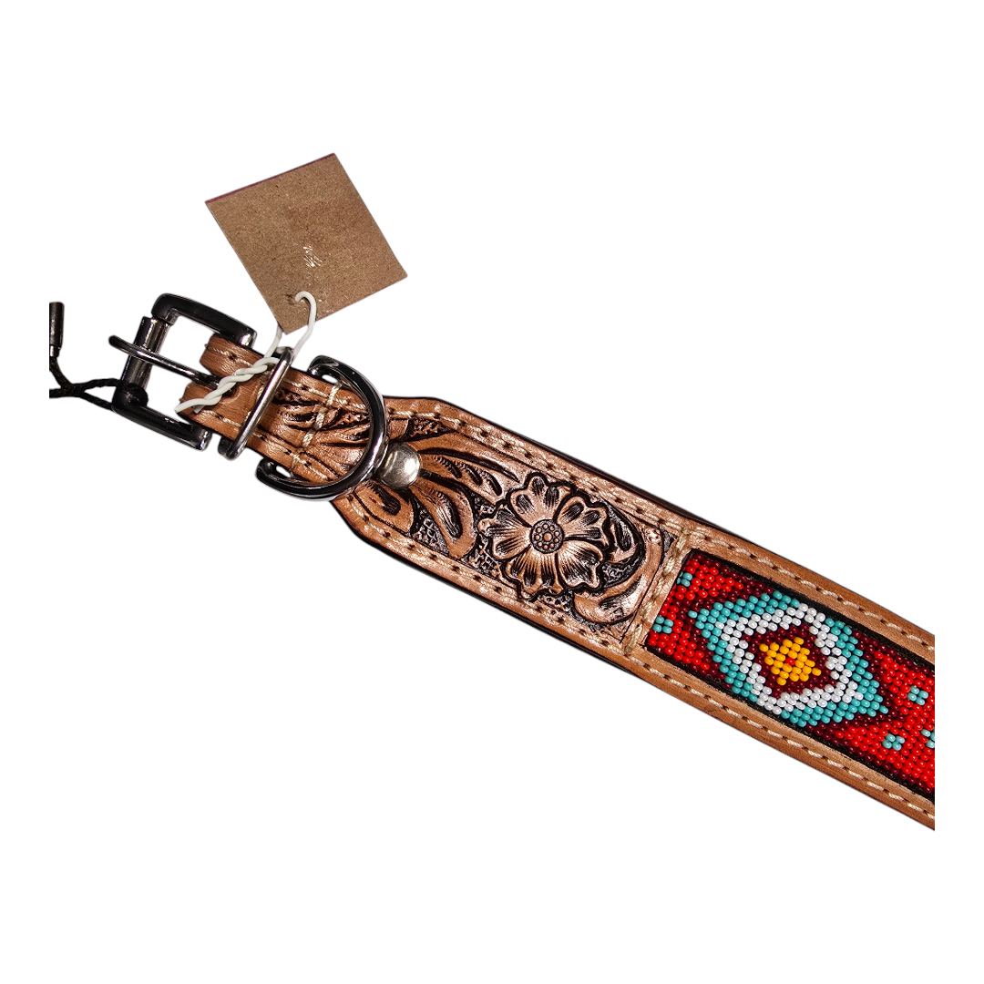 Handmade Hand-Tooled with Bead Design Leather Dog Collar - 24.0" L x 1.5" W