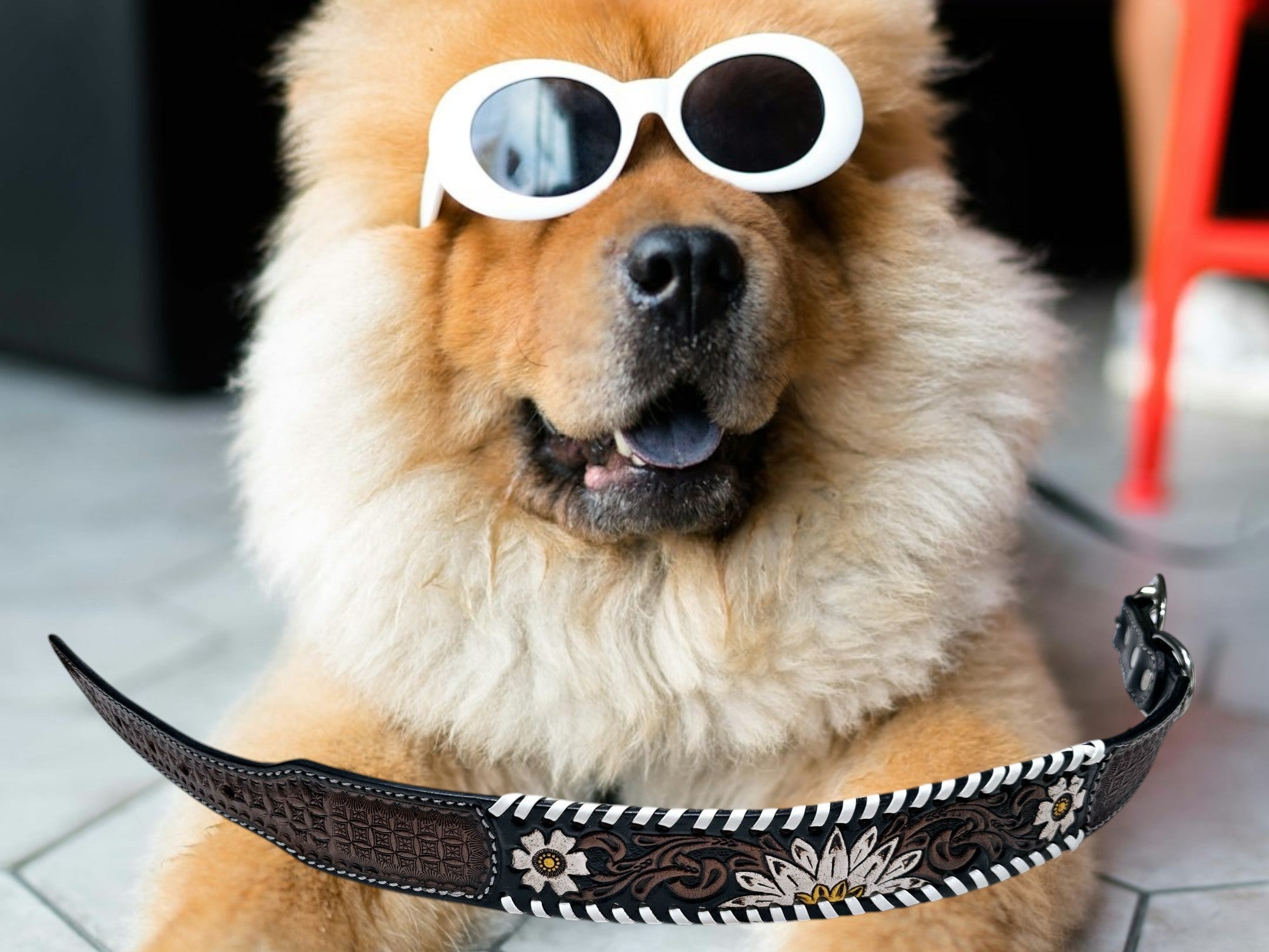 Handmade Hand-Tooled with Flower Leather Dog Collar - 20.0" L x 1.5" W