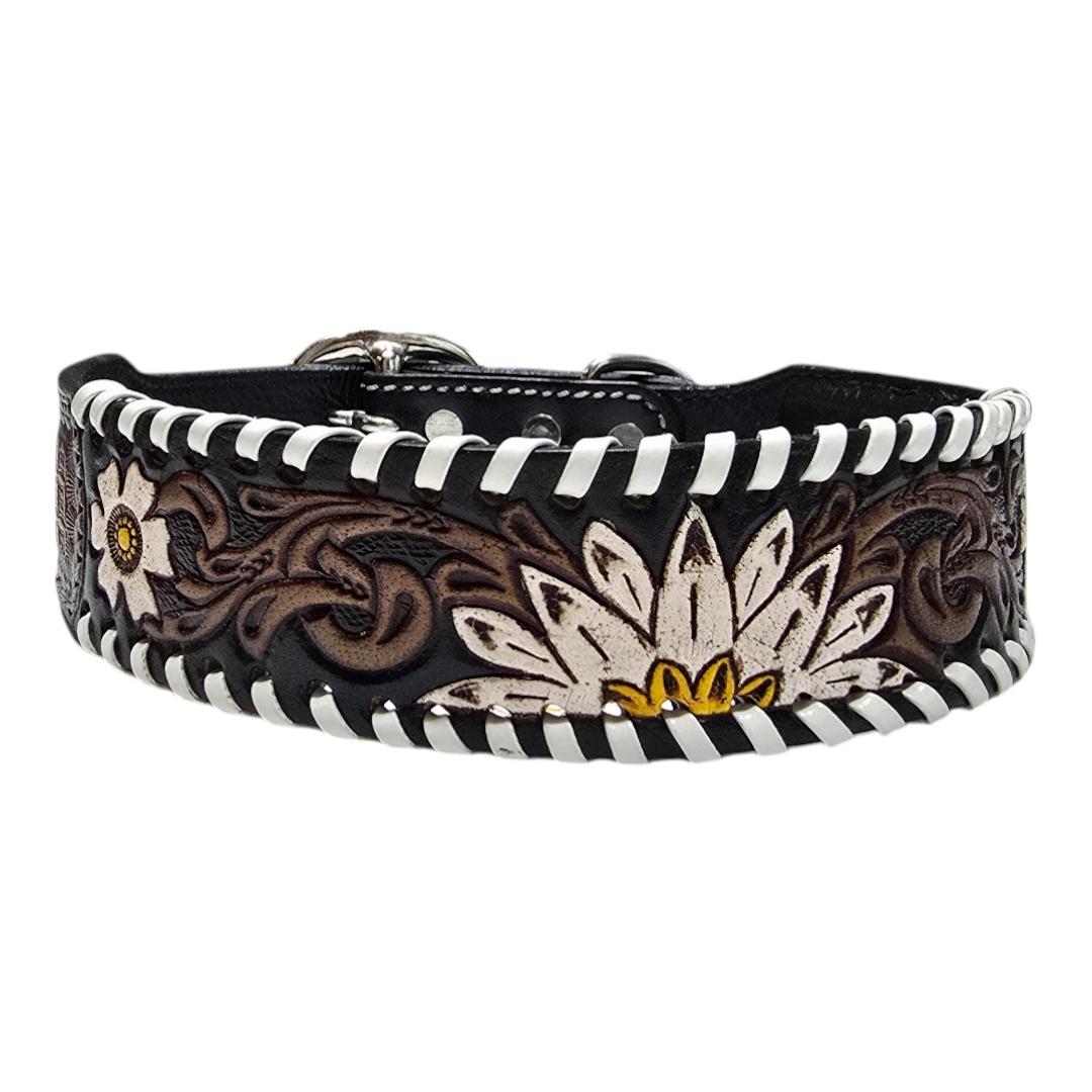 Handmade Hand-Tooled with Flower Leather Dog Collar - 20.0" L x 1.5" W