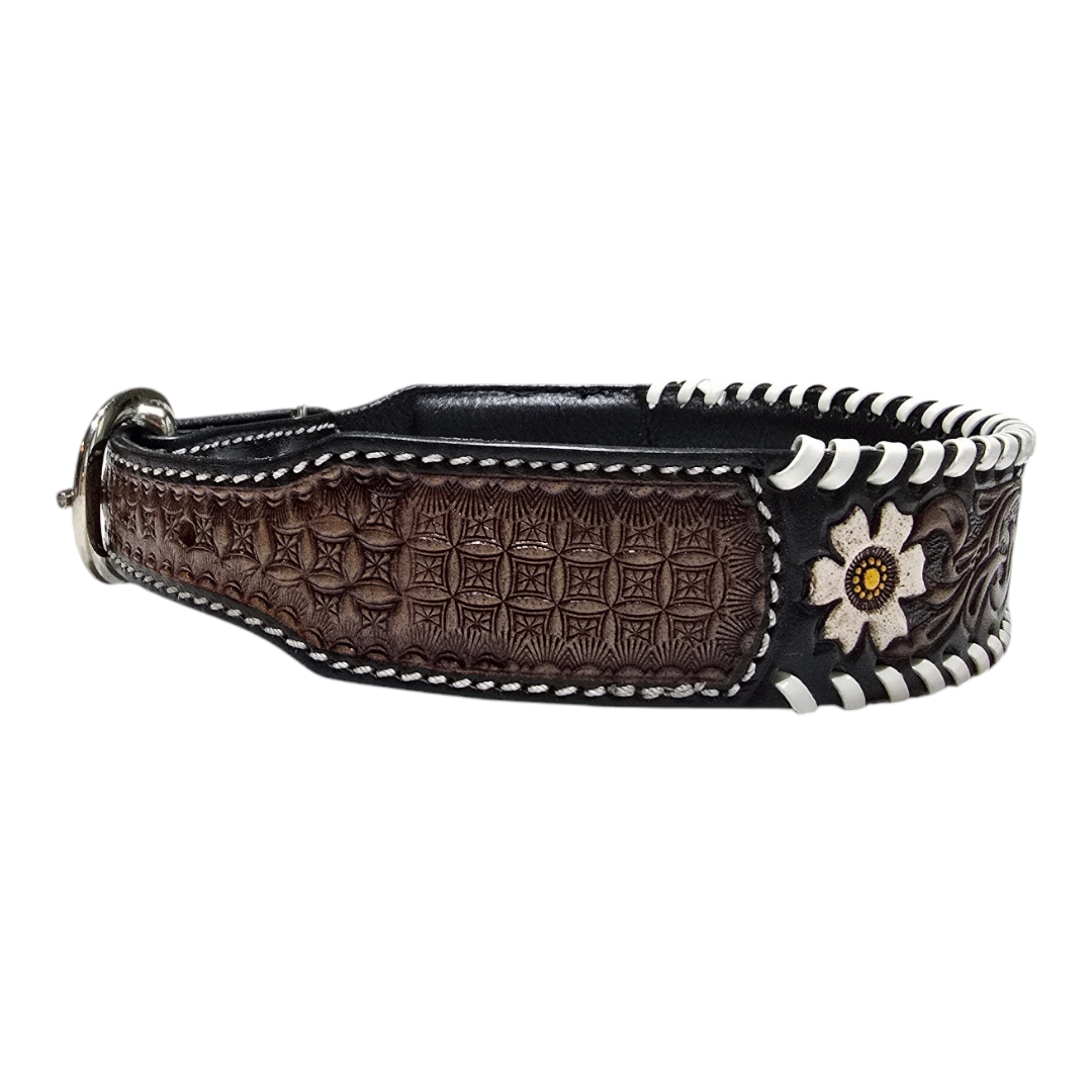 Handmade Hand-Tooled with Flower Leather Dog Collar - 20.0" L x 1.5" W