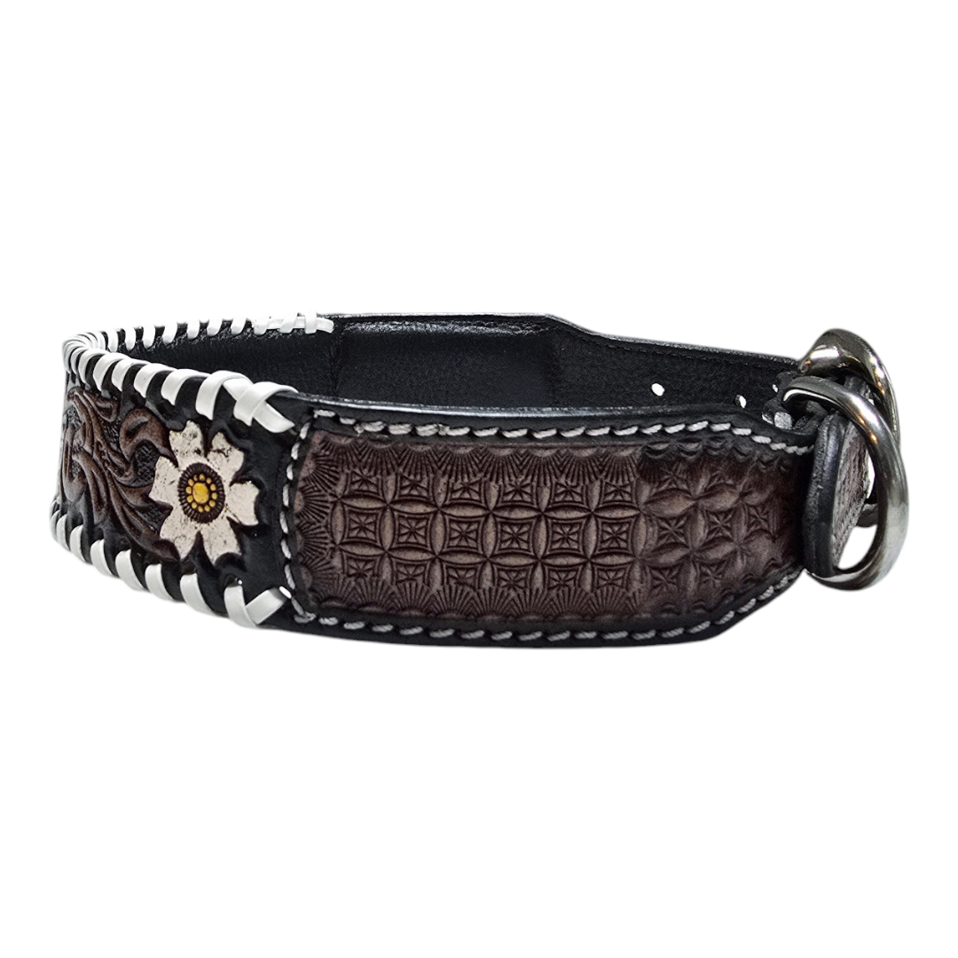 Handmade Hand-Tooled with Flower Leather Dog Collar - 20.0" L x 1.5" W