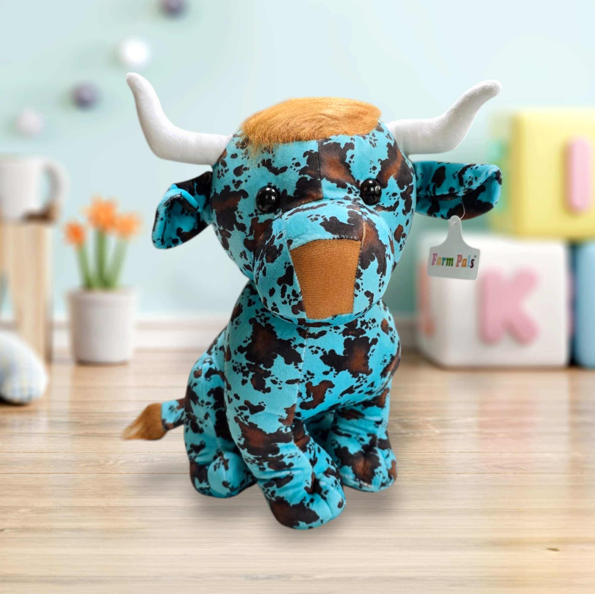 Sitting Highland Cow - Turquoise - Stuffed Farm Animal Plushies - Medium