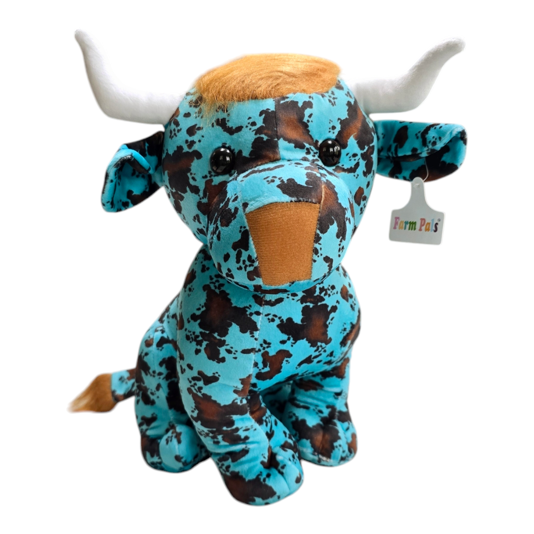 Sitting Highland Cow - Turquoise - Stuffed Farm Animal Plushies - Medium