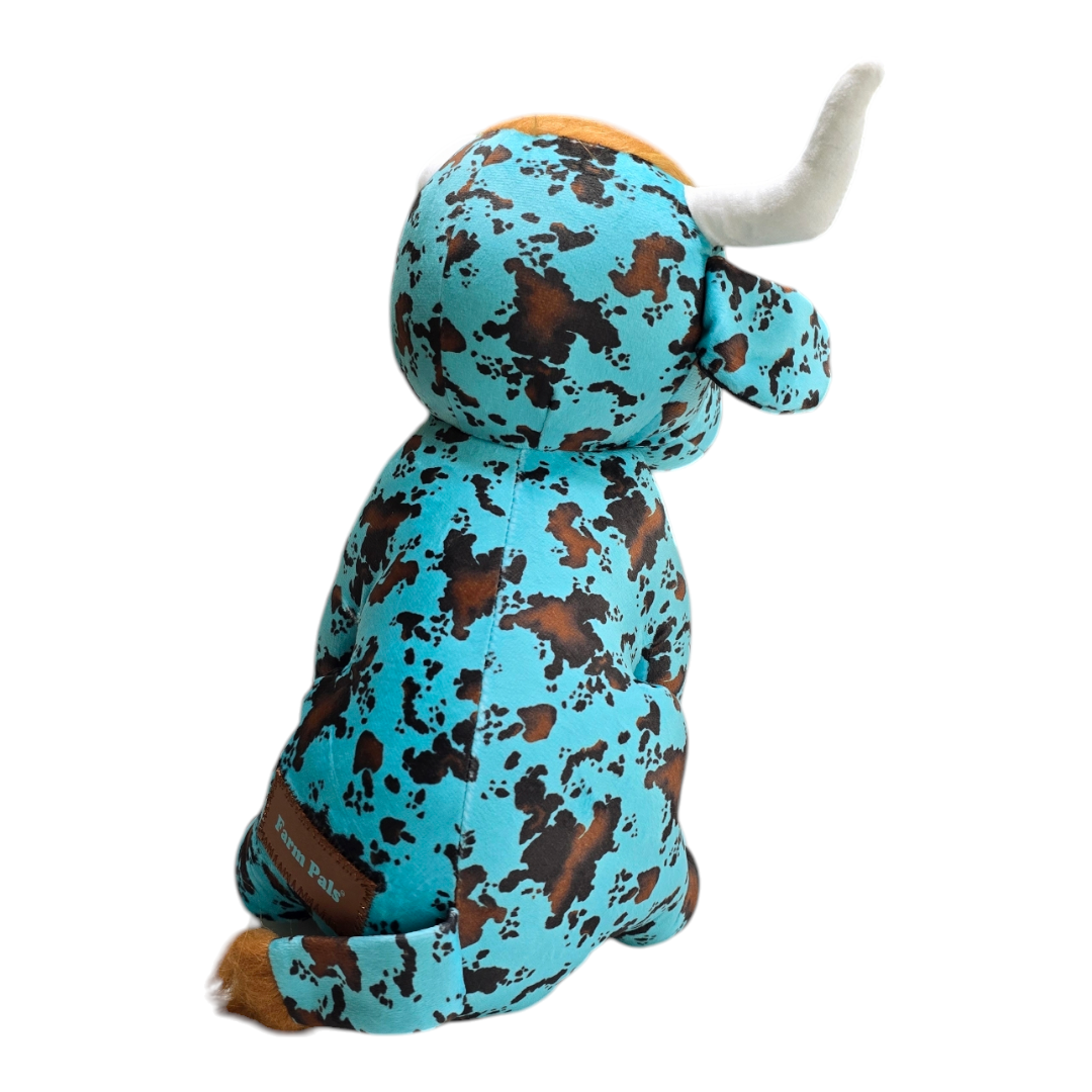 Sitting Highland Cow - Turquoise - Stuffed Farm Animal Plushies - Medium