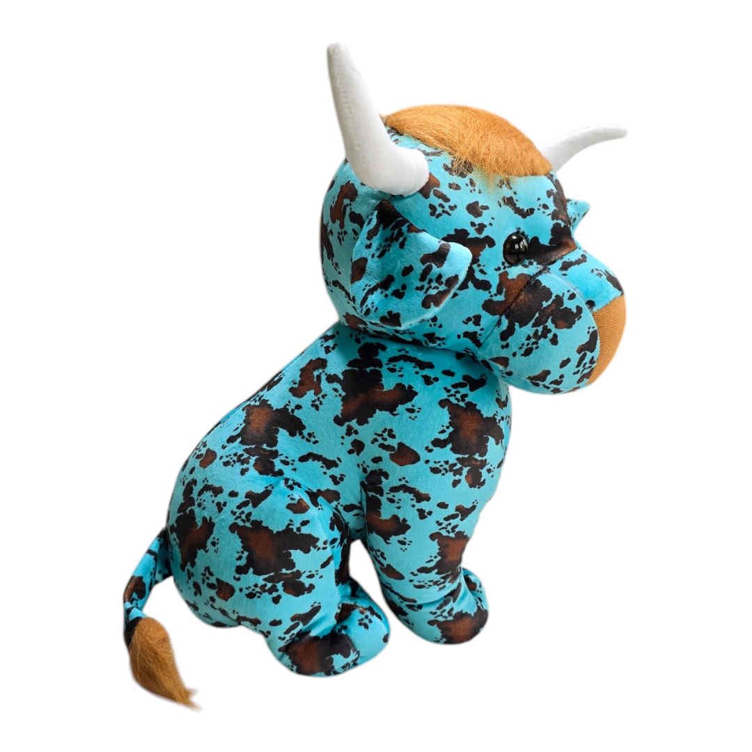Sitting Highland Cow - Turquoise - Stuffed Farm Animal Plushies - Medium