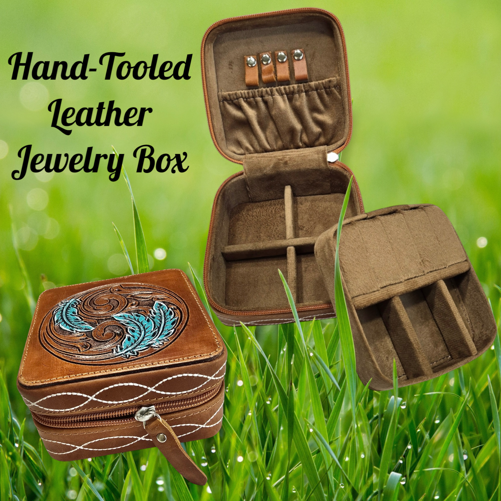 Hand-Tool Genuine Leather Jewelry Box with Turquoise Leaves Design