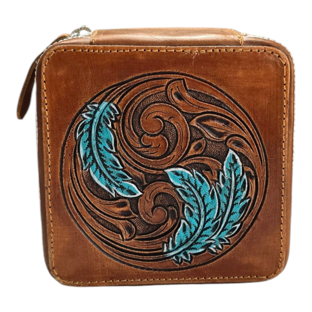 Hand-Tool Genuine Leather Jewelry Box with Turquoise Leaves Design