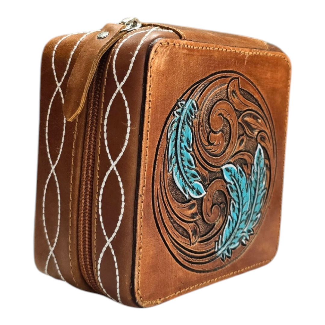 Hand-Tool Genuine Leather Jewelry Box with Turquoise Leaves Design