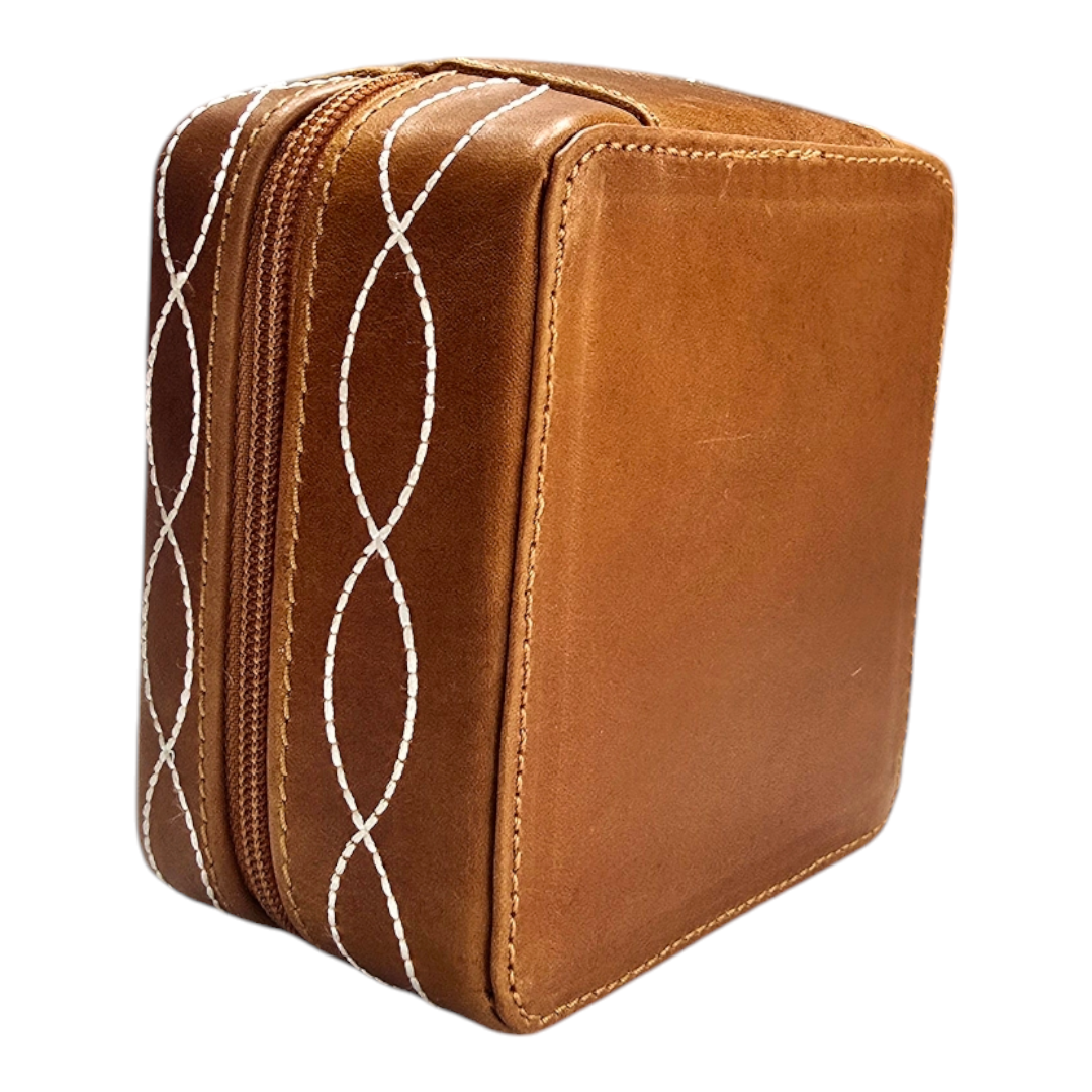 Hand-Tool Genuine Leather Jewelry Box with Turquoise Leaves Design