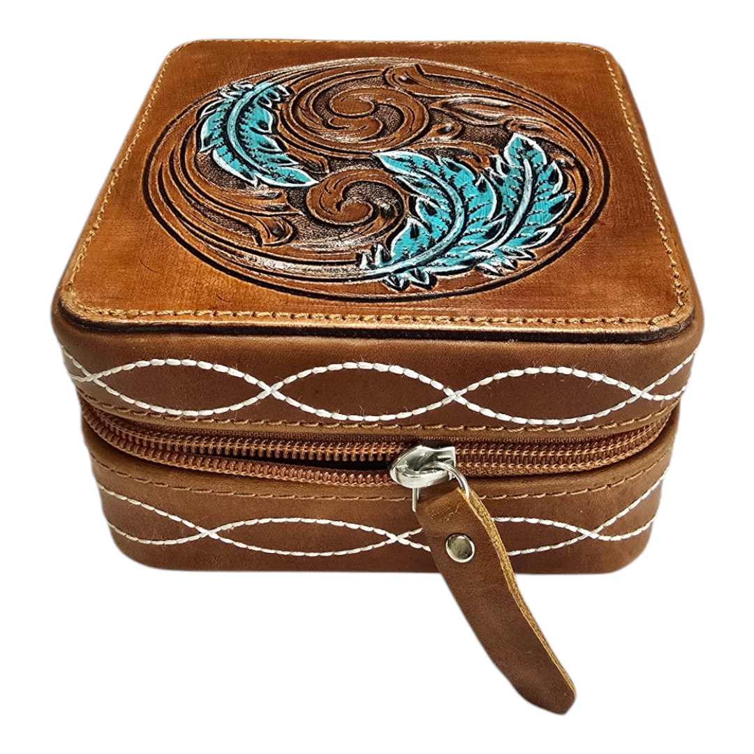 Hand-Tool Genuine Leather Jewelry Box with Turquoise Leaves Design