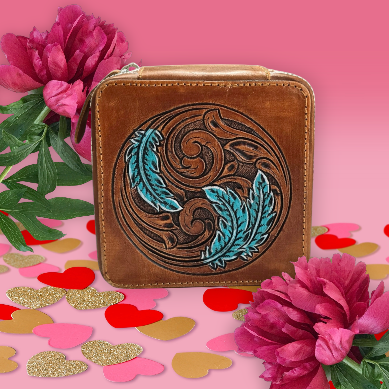 Hand-Tool Genuine Leather Jewelry Box with Turquoise Leaves Design